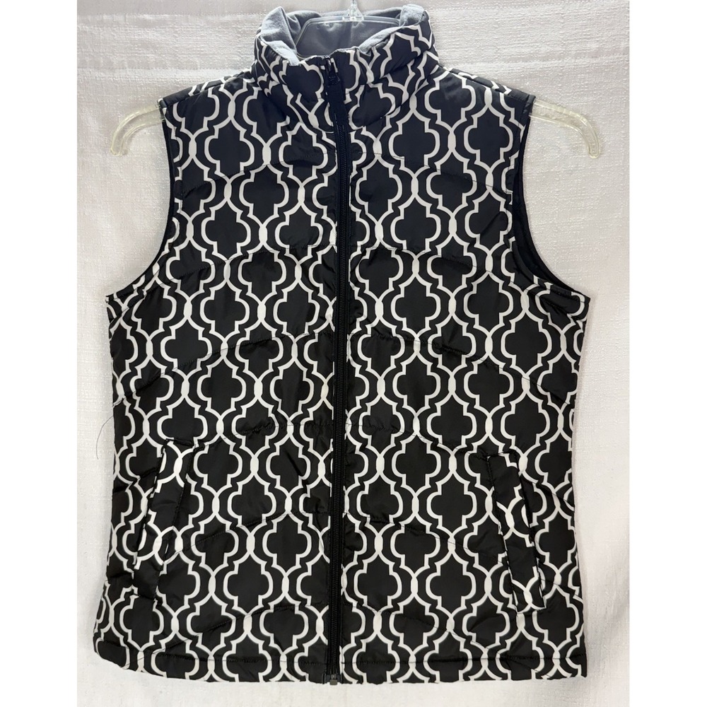 Women's Size XS Lands End Moroccan Geometric Puffer Vest Black White